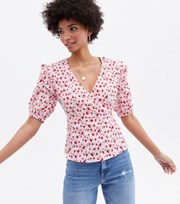 New Look Pink Ditsy Floral Peplum Wrap Blouse